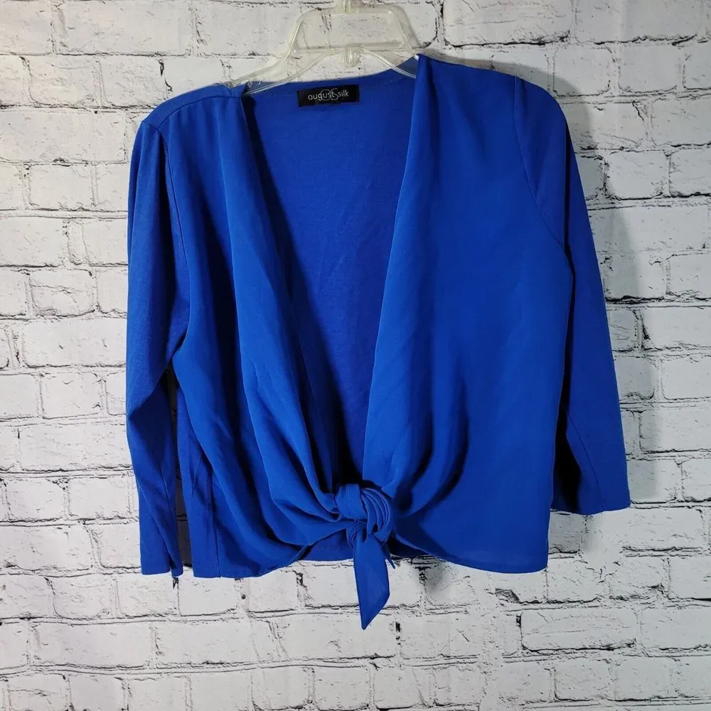 August Silk Cardigan Womens Small Royal Blue Excellent Tie Front 3/4 Sleeve Crop